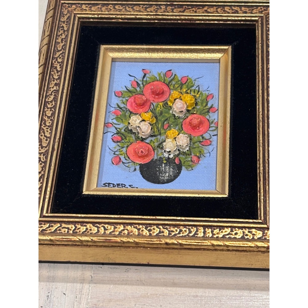 Seder C Signed Miniature Floral Oil Paintings Set of 3 Gold Ornate Frames Art - Picture 4 of 12